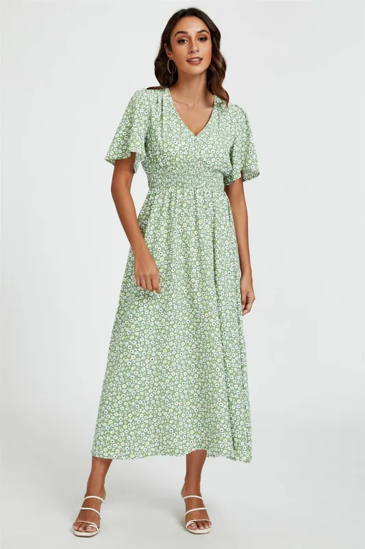 Multi Floral Print V Neck Midi Dress In Green by FS Collection sold by Goddiva