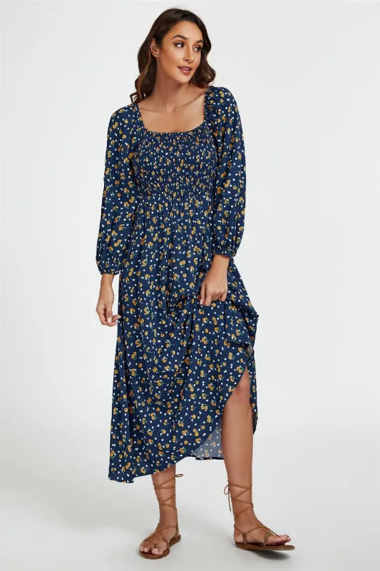 Floral Print Square Neck Maxi Dress In Dark Blue by FS Collection sold by Goddiva