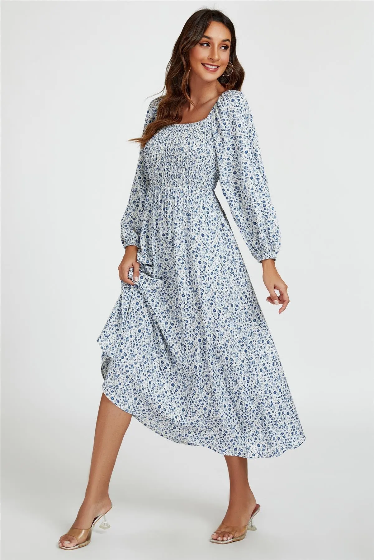 Floral Print Square Neck Maxi Dress In Light Blue by FS Collection sold by Goddiva product image thumbnail 4