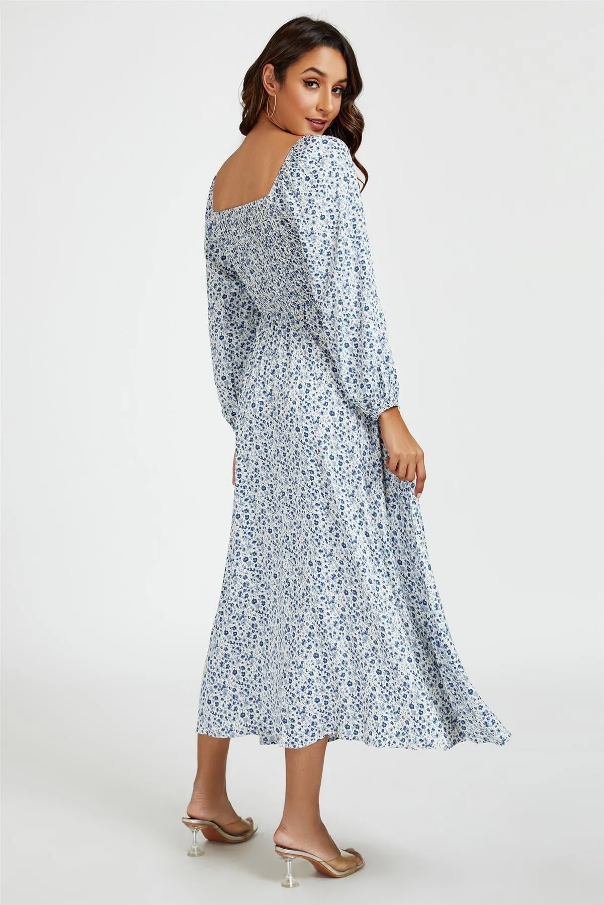 Floral Print Square Neck Maxi Dress In Light Blue by FS Collection sold by Goddiva product image thumbnail 2