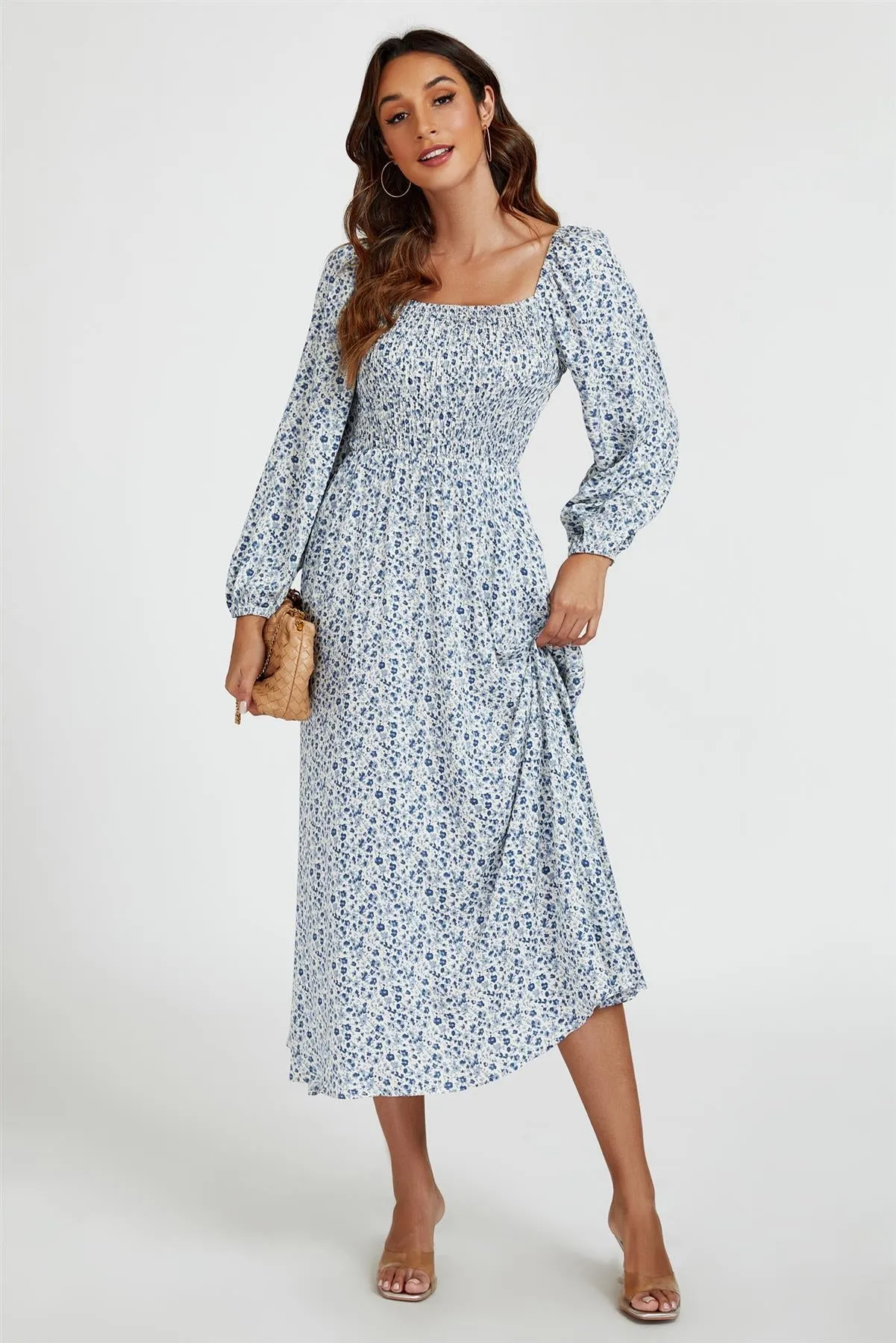 Floral Print Square Neck Maxi Dress In Light Blue by FS Collection sold by Goddiva product image thumbnail 5