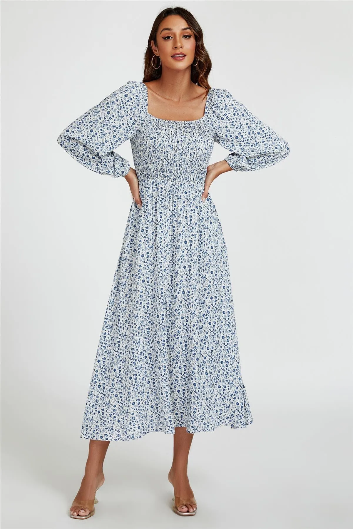 Floral Print Square Neck Maxi Dress In Light Blue by FS Collection sold by Goddiva product image thumbnail 3
