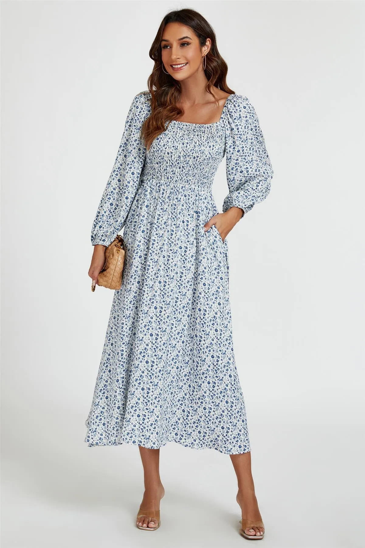 Floral Print Square Neck Maxi Dress In Light Blue by FS Collection sold by Goddiva