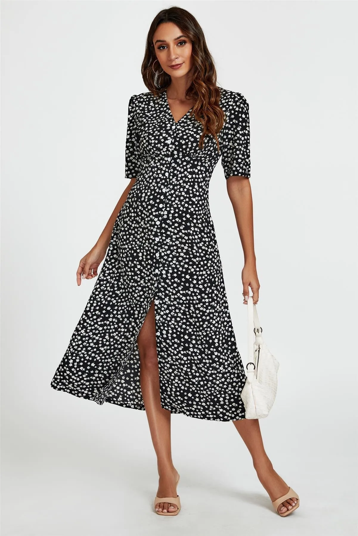 Little Floral Print Button Front Midi Dress In Black by FS Collection sold by Goddiva product image thumbnail 4