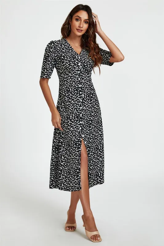 Little Floral Print Button Front Midi Dress In Black by FS Collection sold by Goddiva
