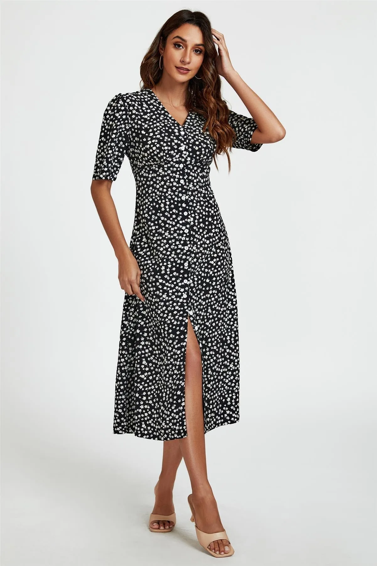 Little Floral Print Button Front Midi Dress In Black by FS Collection sold by Goddiva