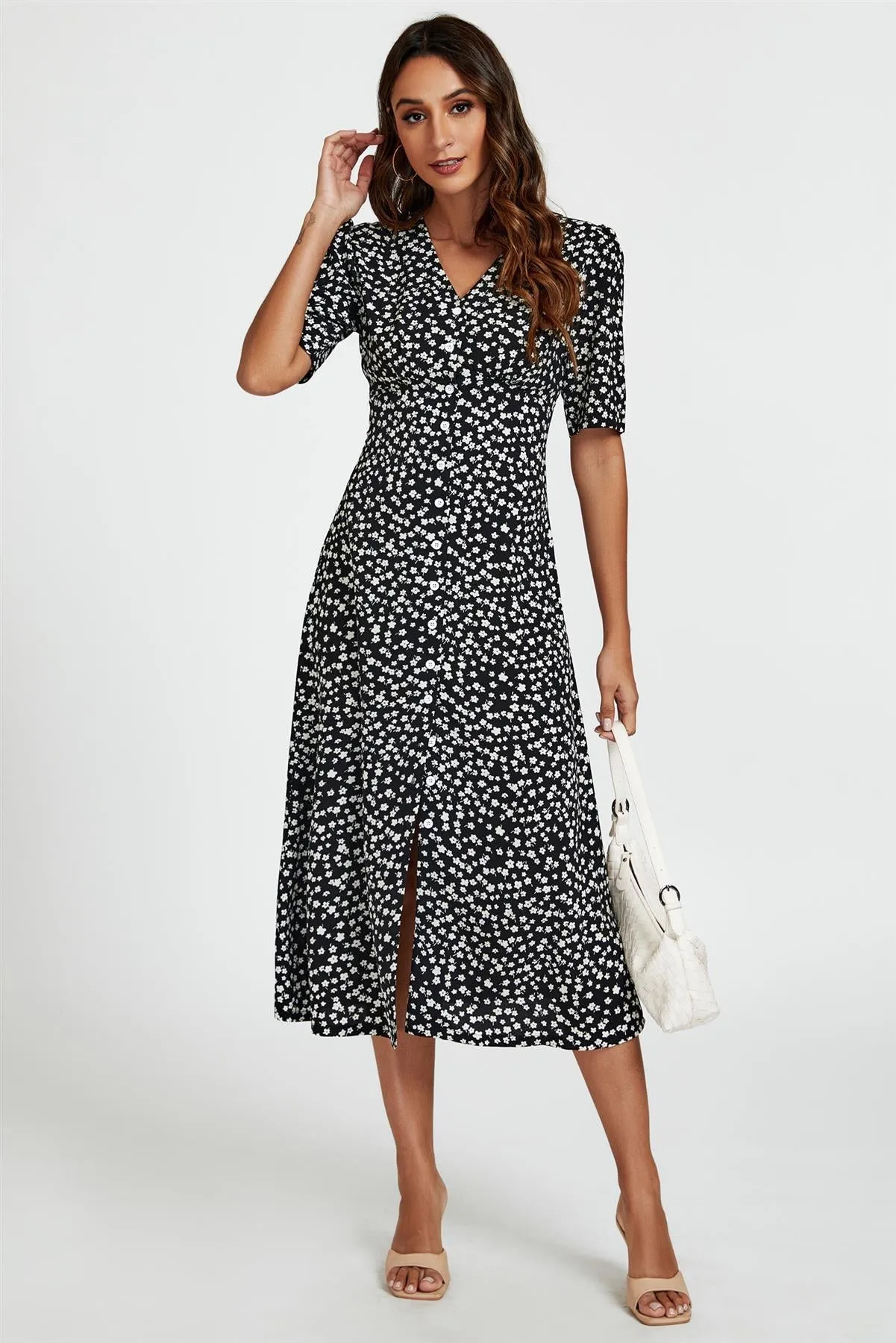 Little Floral Print Button Front Midi Dress In Black by FS Collection sold by Goddiva product image thumbnail 3