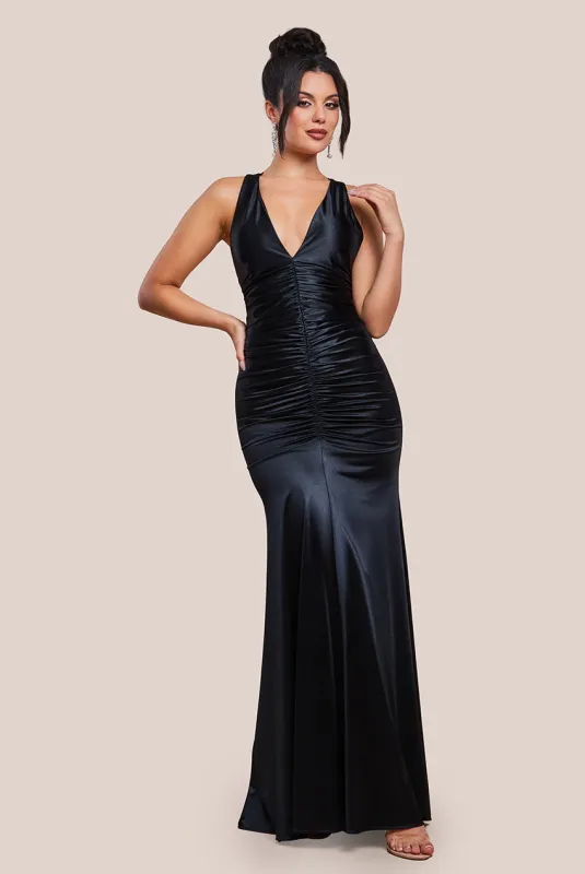 Multi-Tied Satin Gathered Ring Maxi Dress - Black by Goddiva sold by Goddiva