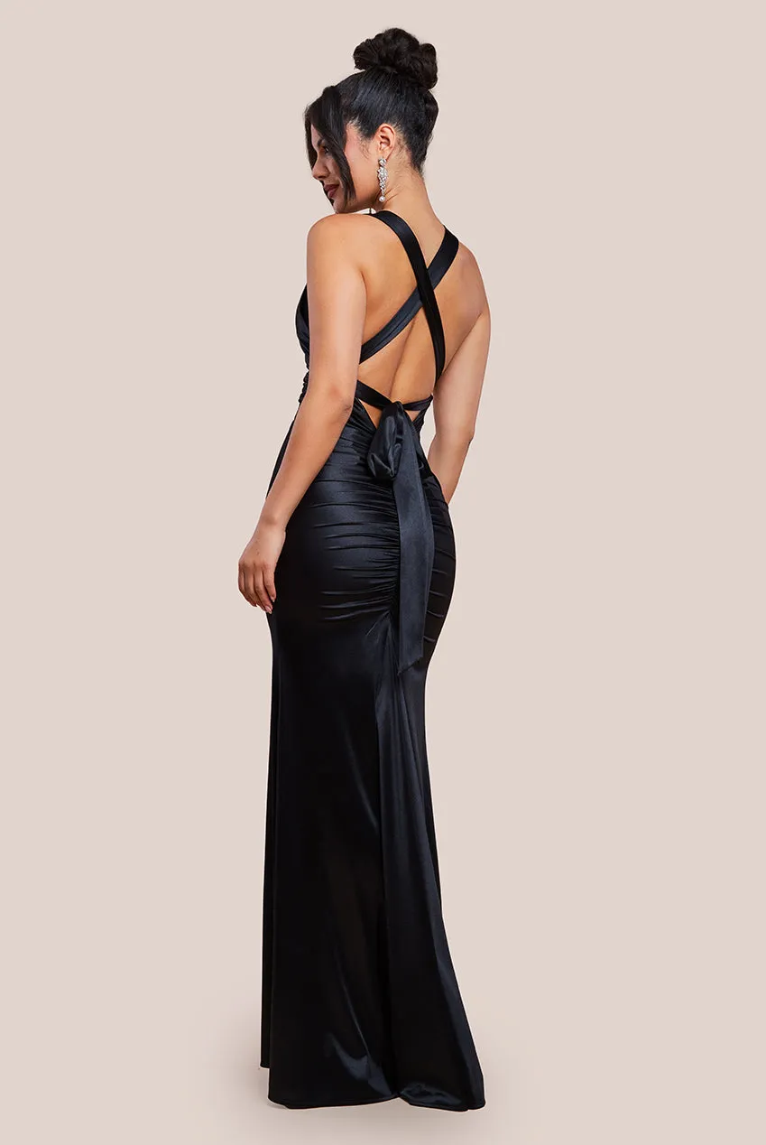 Multi-Tied Satin Gathered Ring Maxi Dress - Black by Goddiva sold by Goddiva product image thumbnail 2