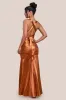 Multi-Tied Satin Gathered Ring Maxi Dress - Bronze by Goddiva sold by Goddiva