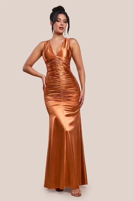 Multi-Tied Satin Gathered Ring Maxi Dress - Bronze by Goddiva sold by Goddiva