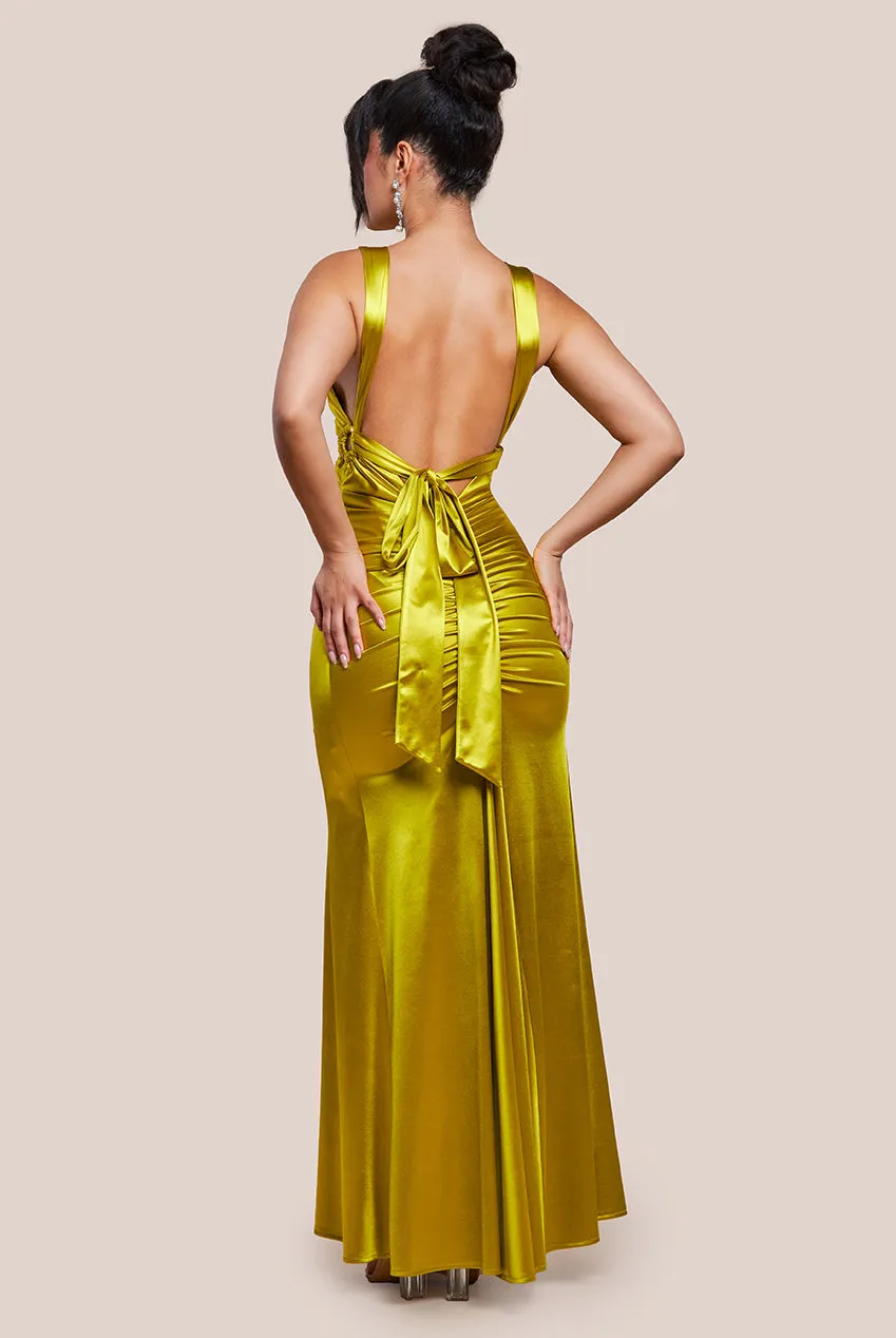 Multi-Tied Satin Gathered Ring Maxi Dress - Lime Green by Goddiva sold by Goddiva product image thumbnail 3
