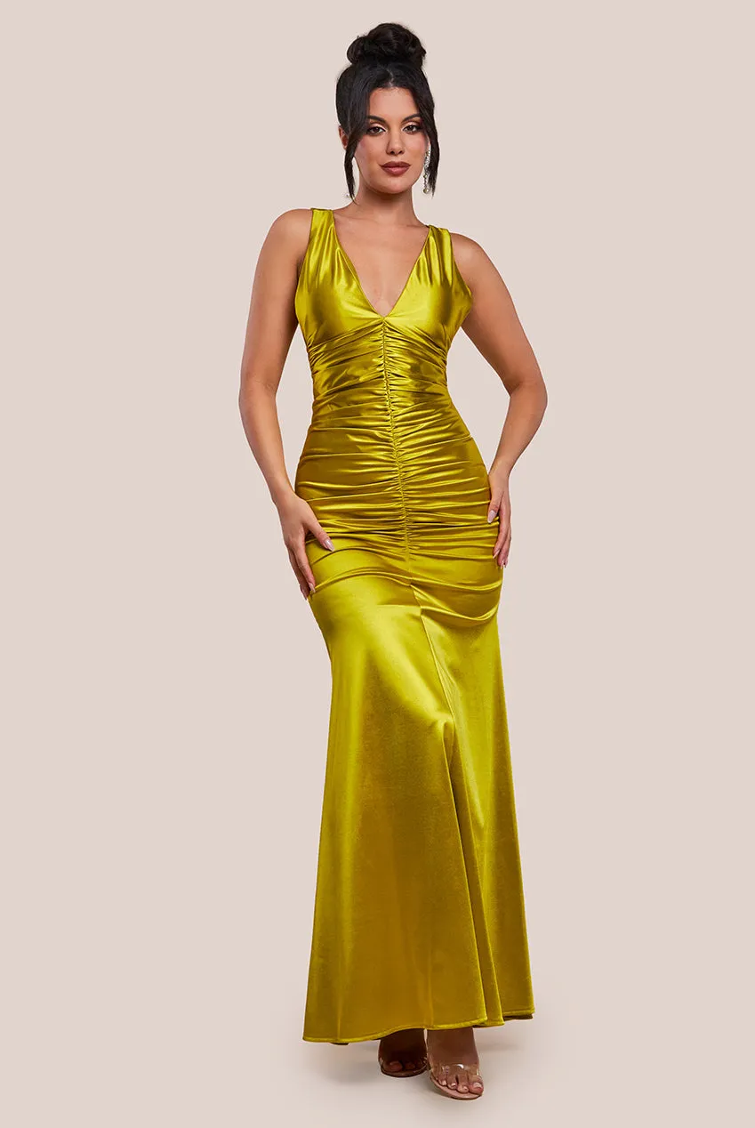 Multi-Tied Satin Gathered Ring Maxi Dress - Lime Green by Goddiva sold by Goddiva product image thumbnail 2