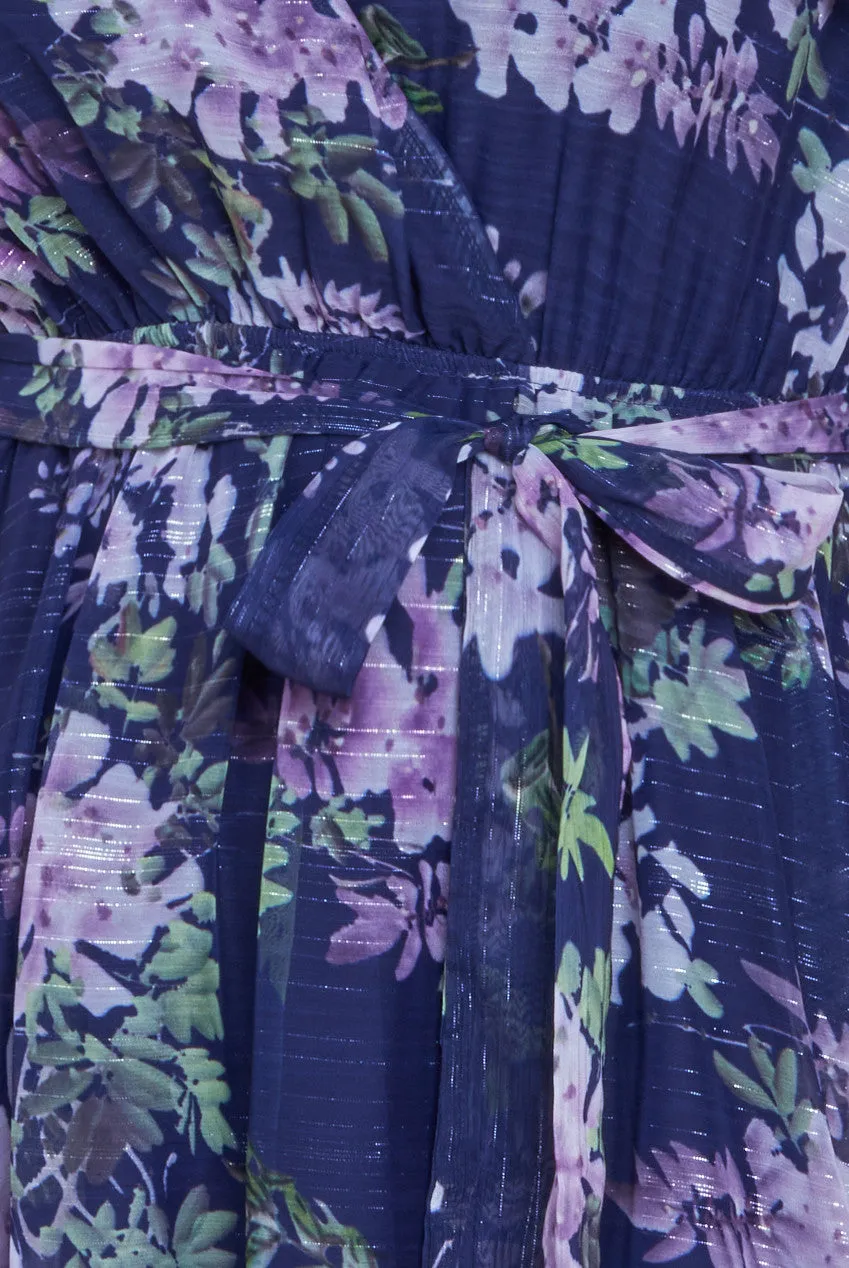 Printed Lurex A-Line Flutter Sleeve Midi Dress - Navy Blue by Goddiva sold by Goddiva product image thumbnail 4