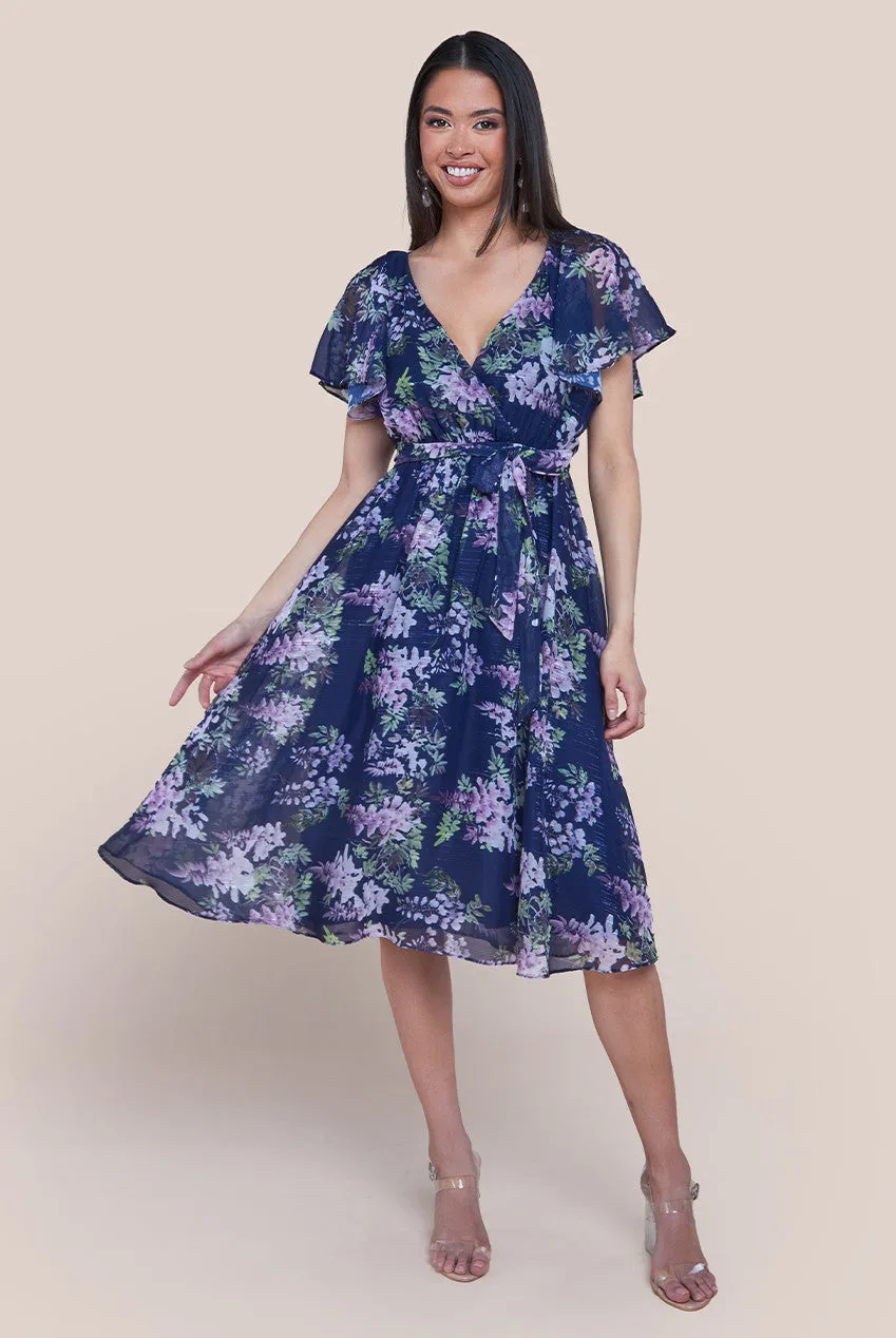 Printed Lurex A-Line Flutter Sleeve Midi Dress - Navy Blue by Goddiva sold by Goddiva