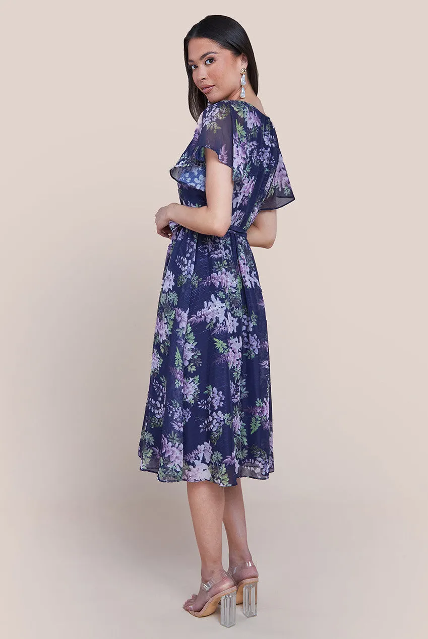 Printed Lurex A-Line Flutter Sleeve Midi Dress - Navy Blue by Goddiva sold by Goddiva product image thumbnail 2