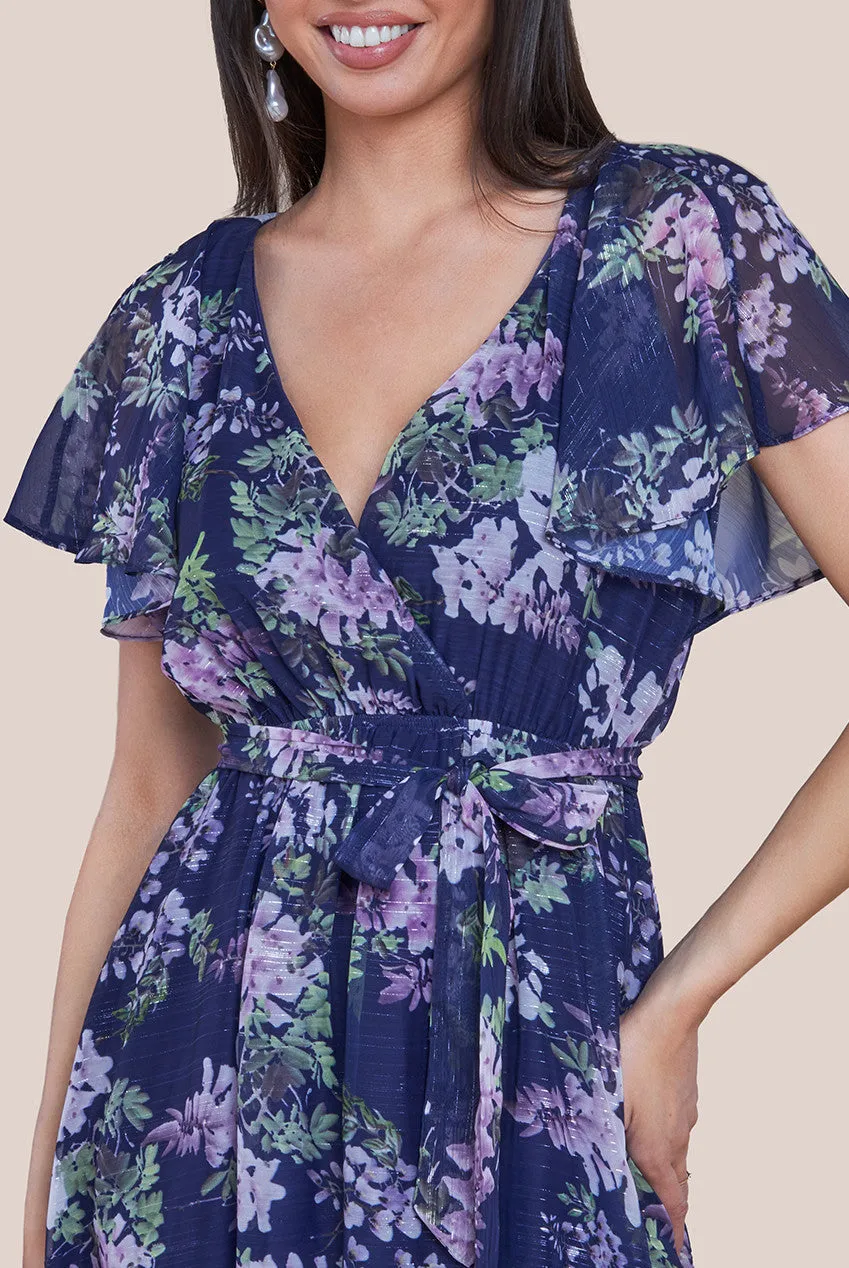 Printed Lurex A-Line Flutter Sleeve Midi Dress - Navy Blue by Goddiva sold by Goddiva product image thumbnail 3