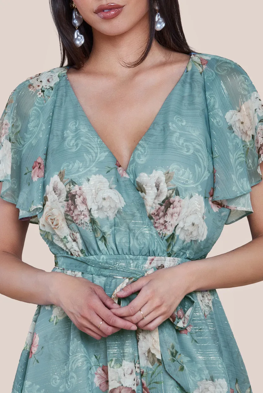 Printed Lurex A-Line Flutter Sleeve Midi Dress - Airforce Blue by Goddiva sold by Goddiva product image thumbnail 3