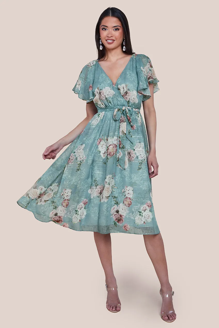Printed Lurex A-Line Flutter Sleeve Midi Dress - Airforce Blue by Goddiva sold by Goddiva