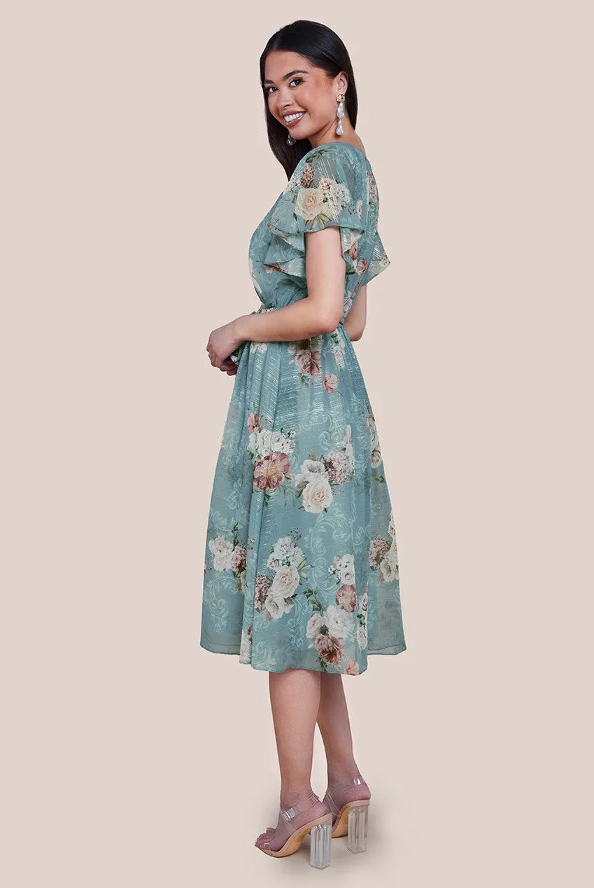 Printed Lurex A-Line Flutter Sleeve Midi Dress - Airforce Blue by Goddiva sold by Goddiva product image thumbnail 2