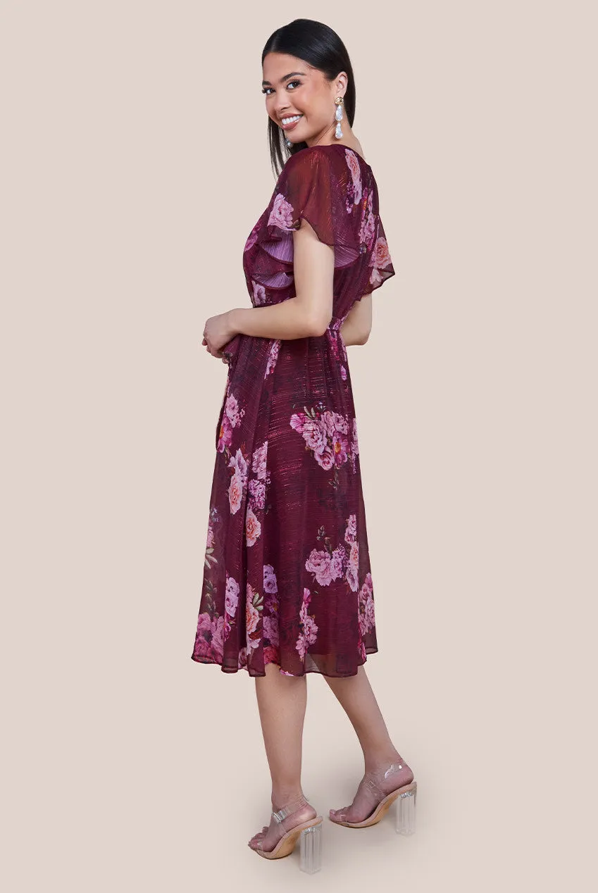 Printed Lurex A-Line Flutter Sleeve Midi Dress - Berry by Goddiva sold by Goddiva product image thumbnail 2