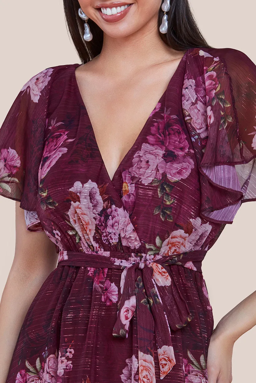 Printed Lurex A-Line Flutter Sleeve Midi Dress - Berry by Goddiva sold by Goddiva product image thumbnail 3