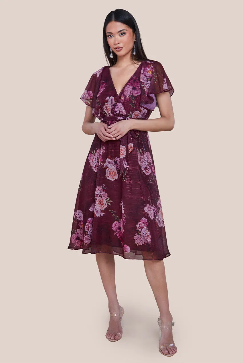 Printed Lurex A-Line Flutter Sleeve Midi Dress - Berry by Goddiva sold by Goddiva