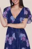 Printed Lurex A-Line Flutter Sleeve Midi Dress - Navy by Goddiva sold by Goddiva