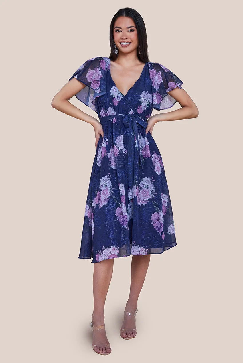 Printed Lurex A-Line Flutter Sleeve Midi Dress - Navy by Goddiva sold by Goddiva