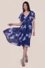Printed Lurex A-Line Flutter Sleeve Midi Dress - Navy by Goddiva sold by Goddiva