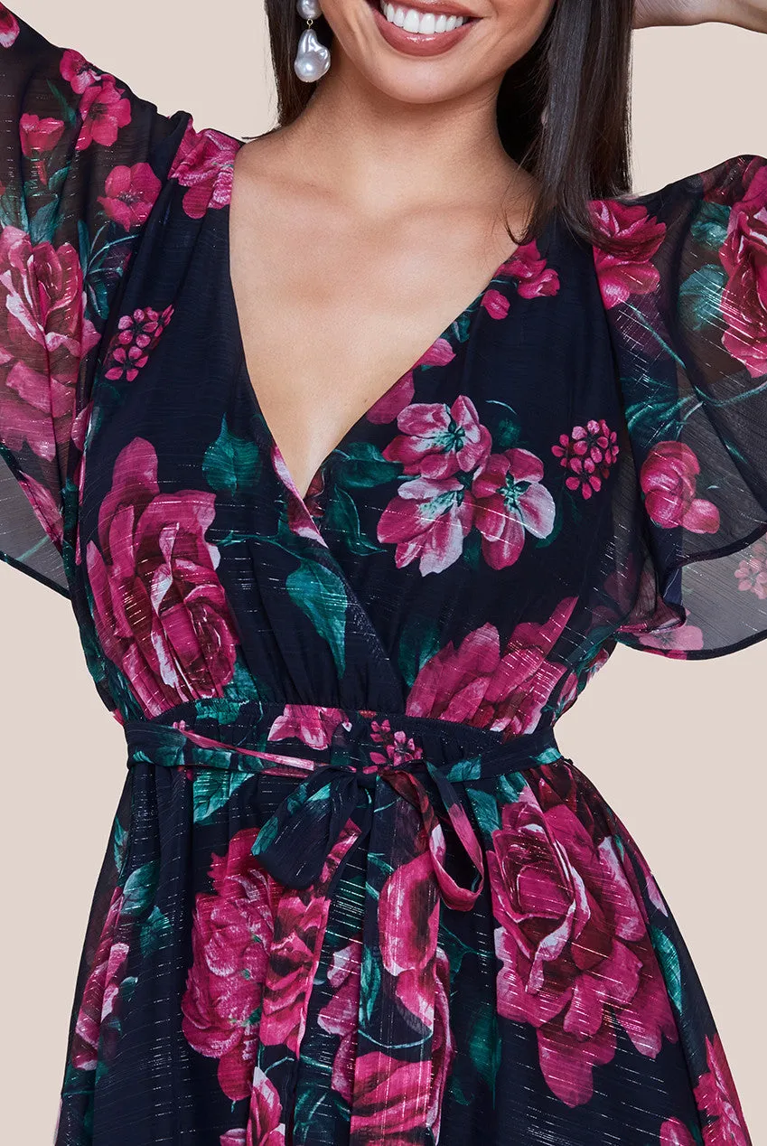 Printed Lurex A-Line Flutter Sleeve Midi Dress - Black by Goddiva sold by Goddiva product image thumbnail 3