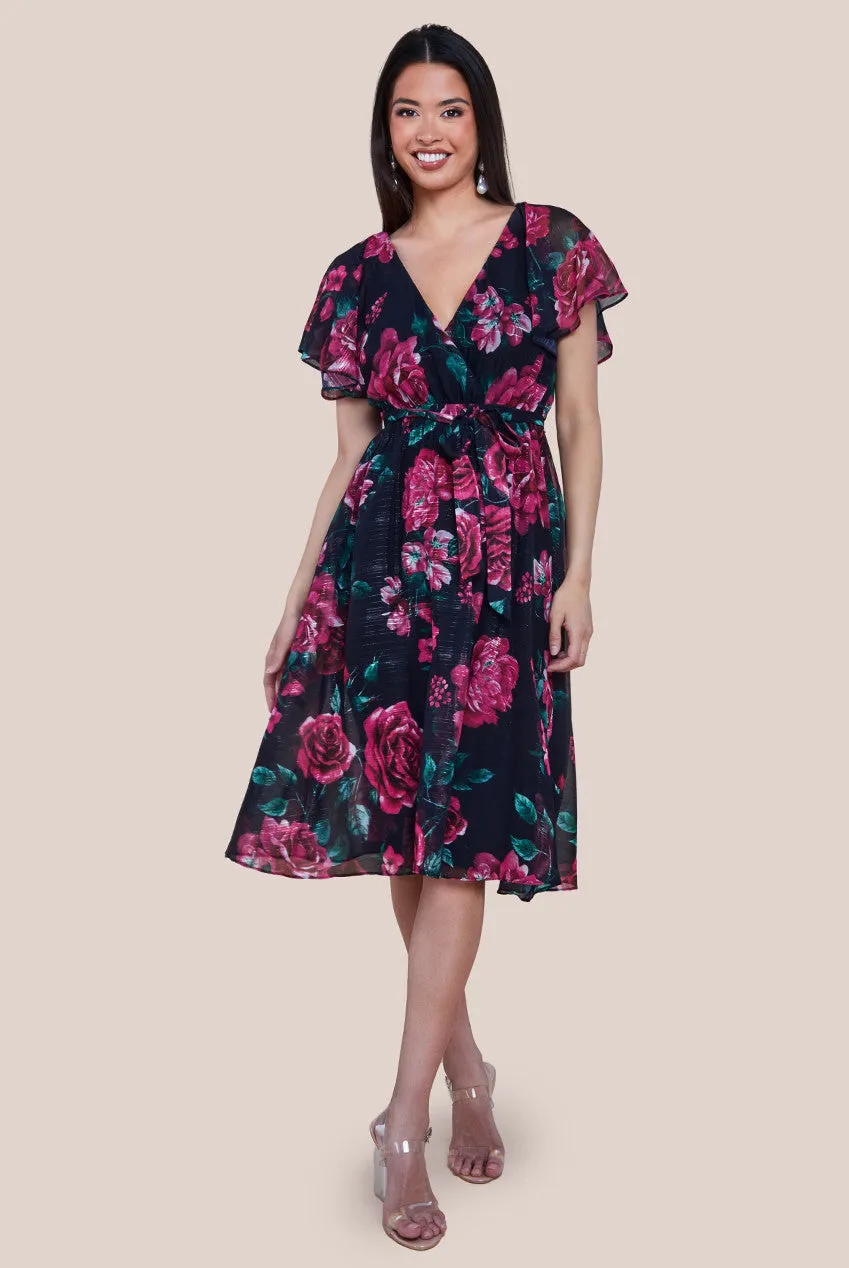 Printed Lurex A-Line Flutter Sleeve Midi Dress - Black by Goddiva sold by Goddiva