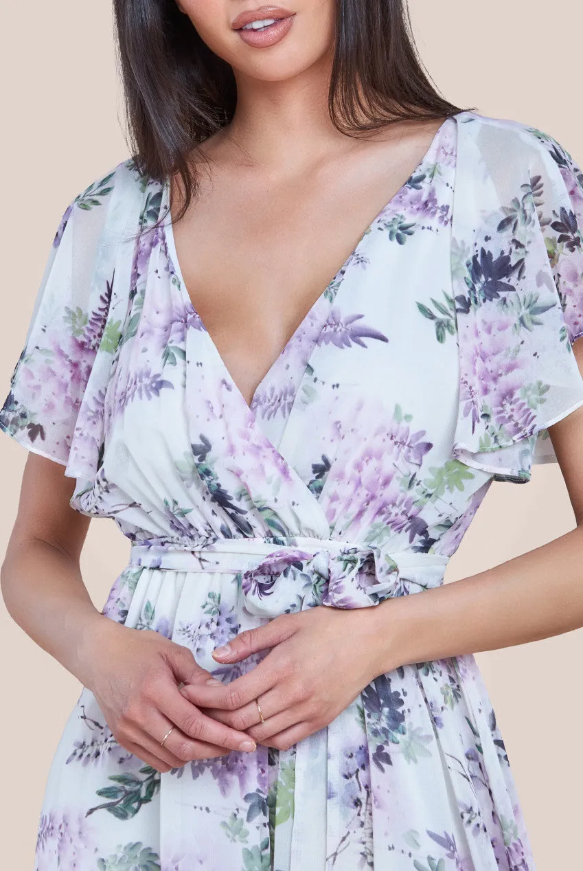 Floral Printed Flutter Sleeve Chiffon Midi Dress - Cream by Goddiva sold by Goddiva product image thumbnail 3