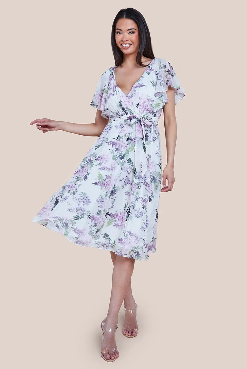 Floral Printed Flutter Sleeve Chiffon Midi Dress - Cream by Goddiva sold by Goddiva