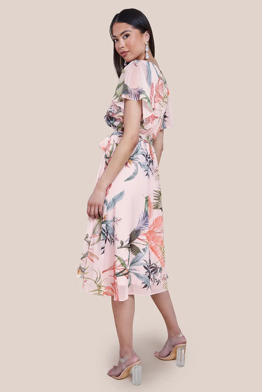 Floral Printed Flutter Sleeve Chiffon Midi Dress - Off White by Goddiva sold by Goddiva product image thumbnail 2