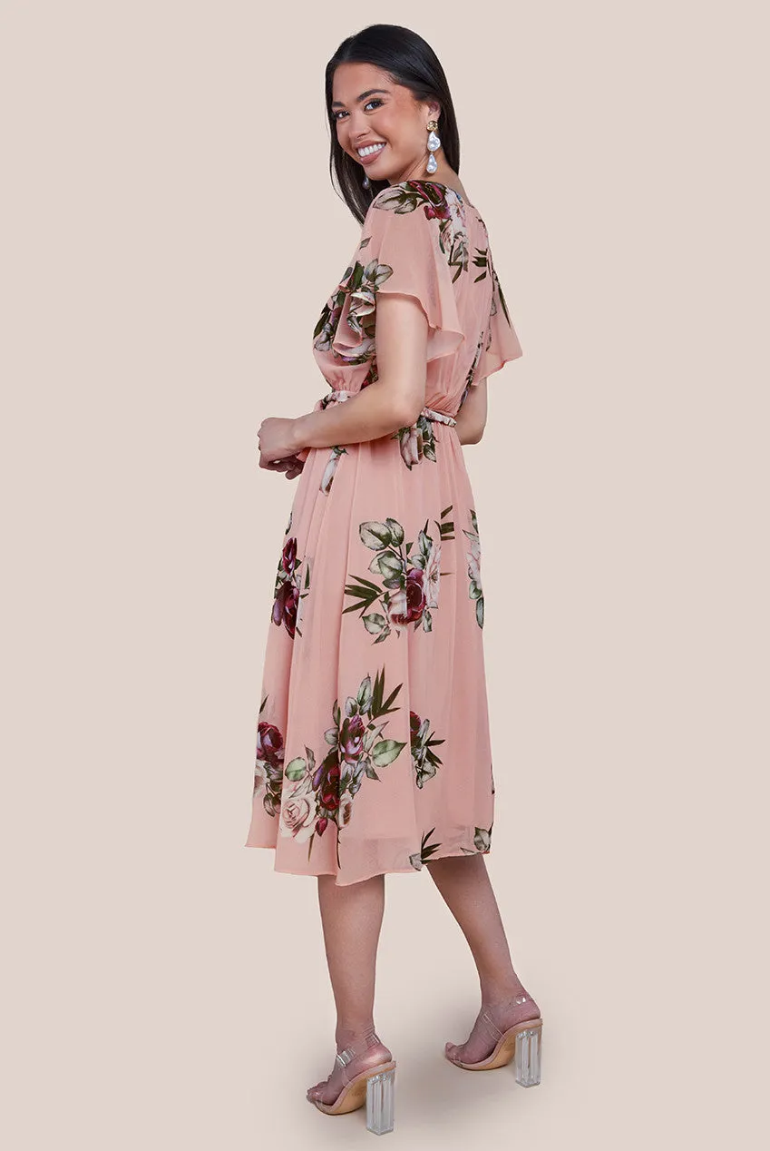 Floral Printed Flutter Sleeve Chiffon Midi Dress - Peach by Goddiva sold by Goddiva product image thumbnail 2