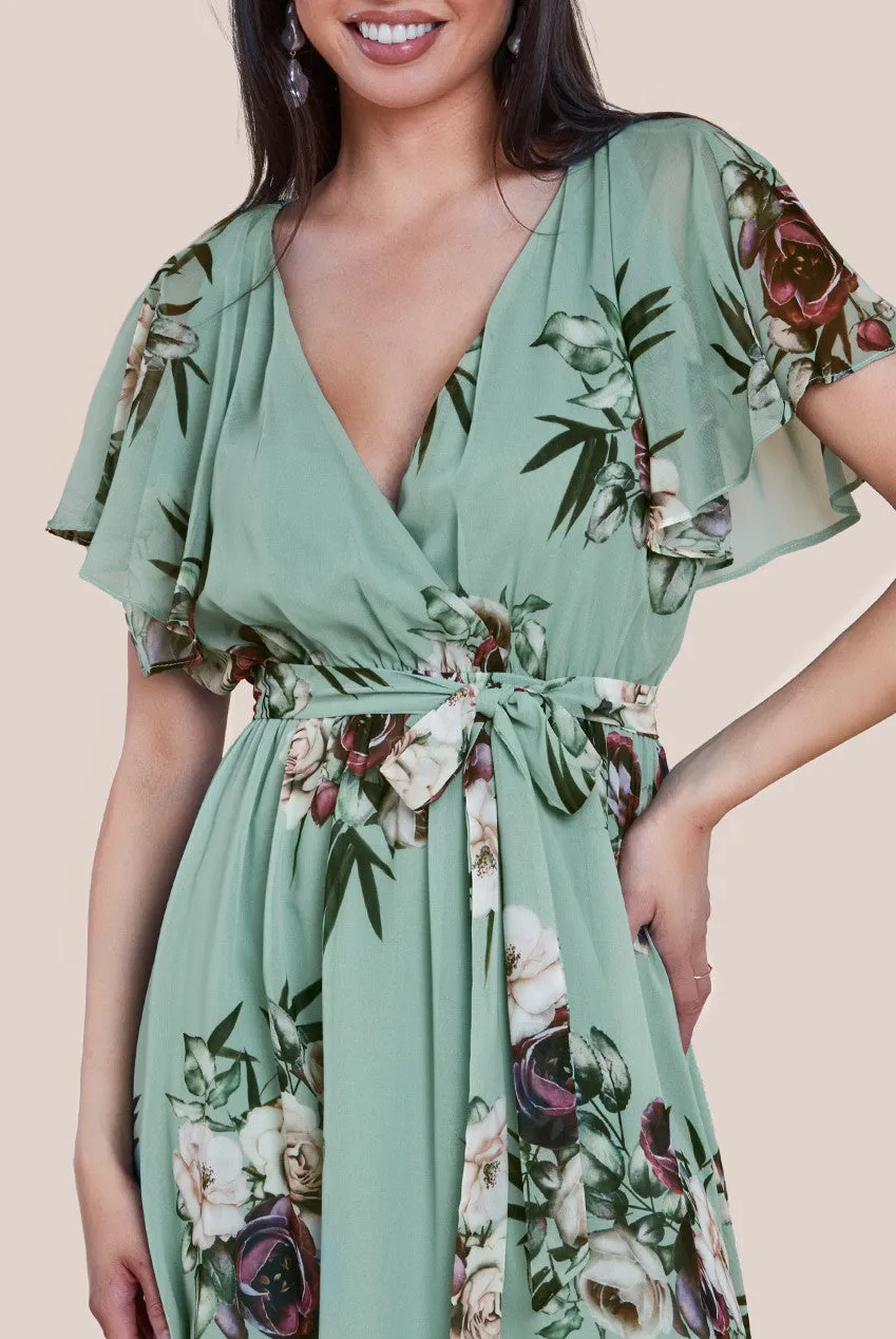 Floral Printed Flutter Sleeve Chiffon Midi Dress - Sage Green by Goddiva sold by Goddiva product image thumbnail 3