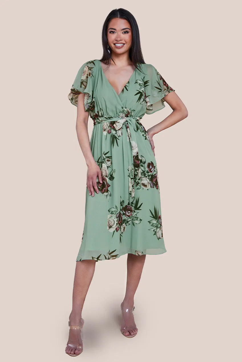 Floral Printed Flutter Sleeve Chiffon Midi Dress - Sage Green by Goddiva sold by Goddiva