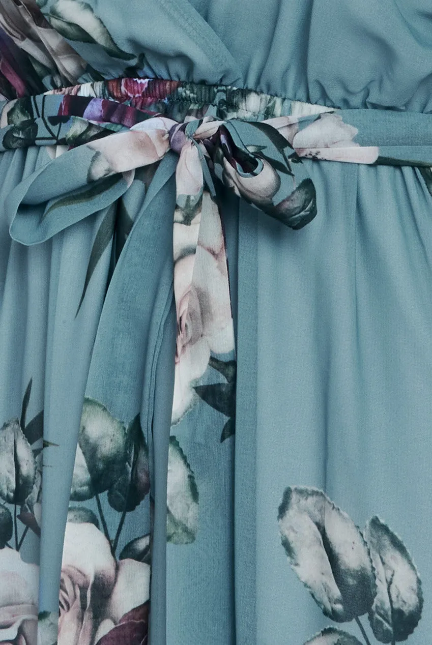 Floral Printed Flutter Sleeve Chiffon Midi Dress - Airforce Blue by Goddiva sold by Goddiva product image thumbnail 4