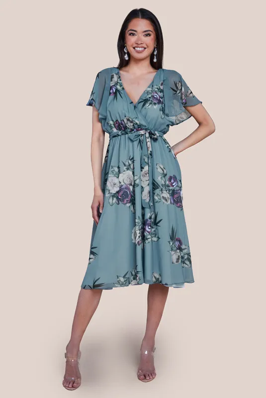 Floral Printed Flutter Sleeve Chiffon Midi Dress - Airforce Blue by Goddiva sold by Goddiva