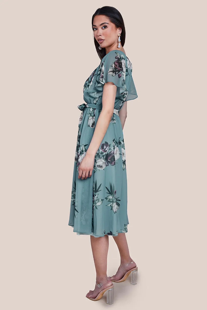 Floral Printed Flutter Sleeve Chiffon Midi Dress - Airforce Blue by Goddiva sold by Goddiva product image thumbnail 2