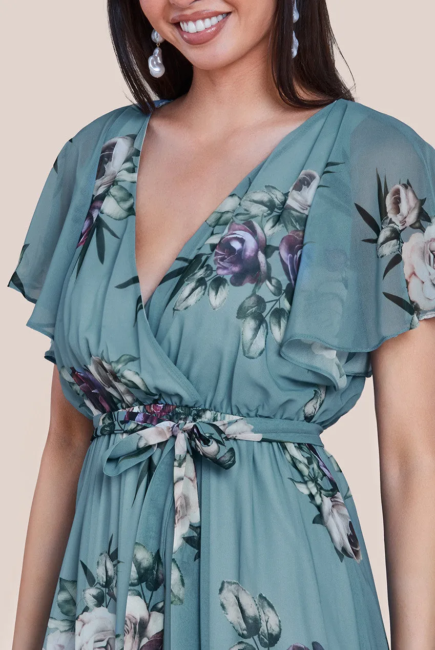 Floral Printed Flutter Sleeve Chiffon Midi Dress - Airforce Blue by Goddiva sold by Goddiva product image thumbnail 3