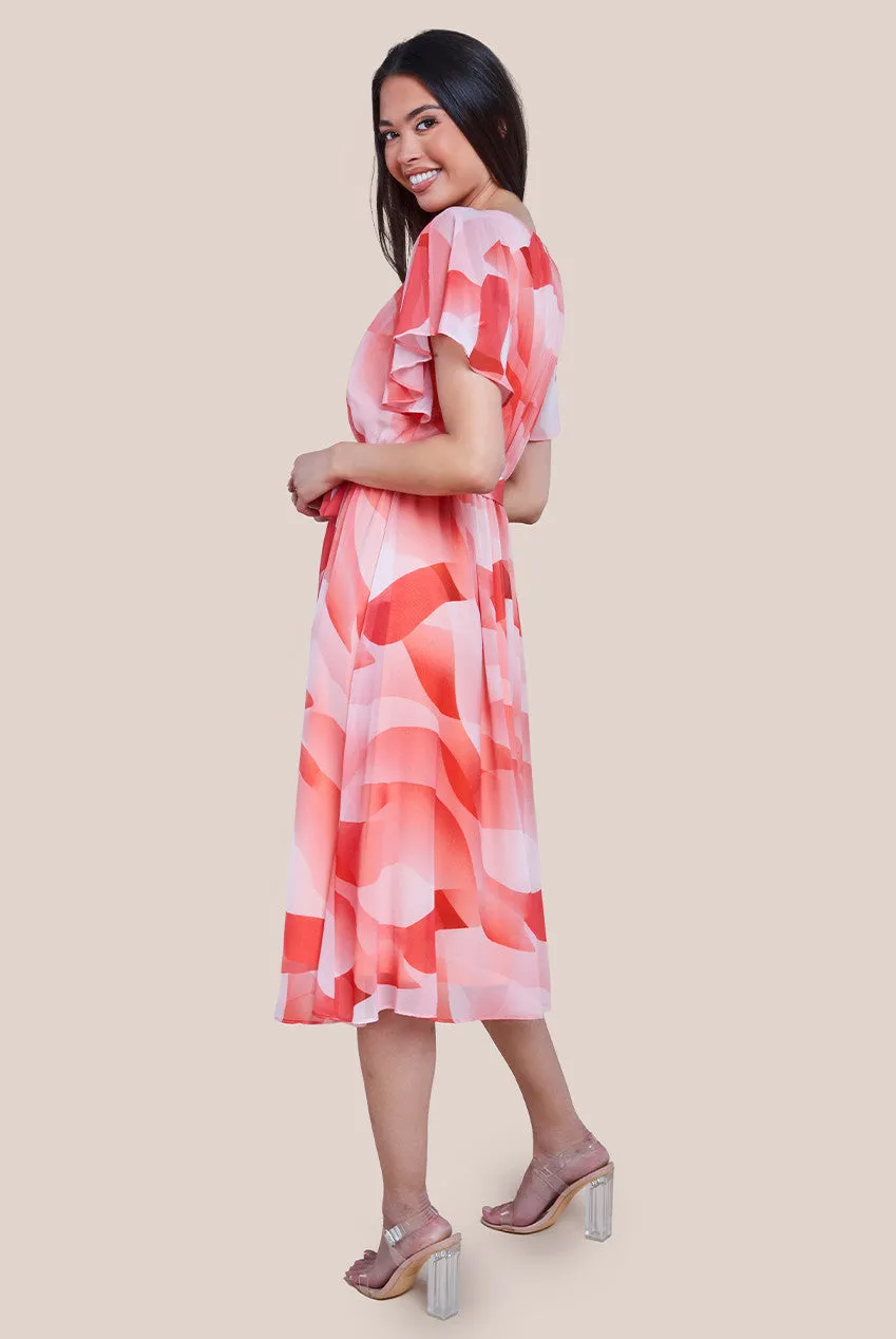 Printed Flutter Sleeve Chiffon Midi Dress - Coral by Goddiva sold by Goddiva product image thumbnail 2