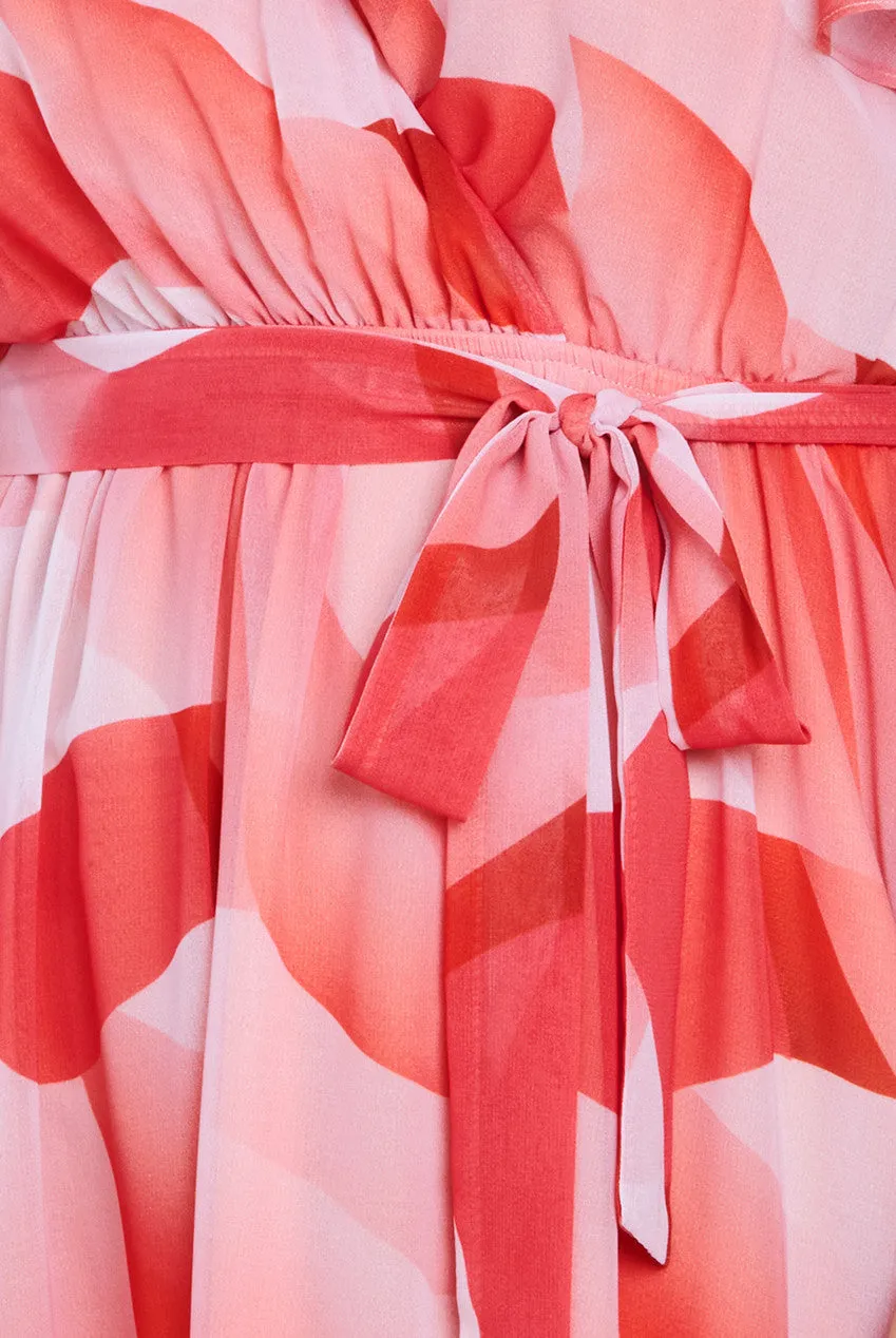 Printed Flutter Sleeve Chiffon Midi Dress - Coral by Goddiva sold by Goddiva product image thumbnail 3