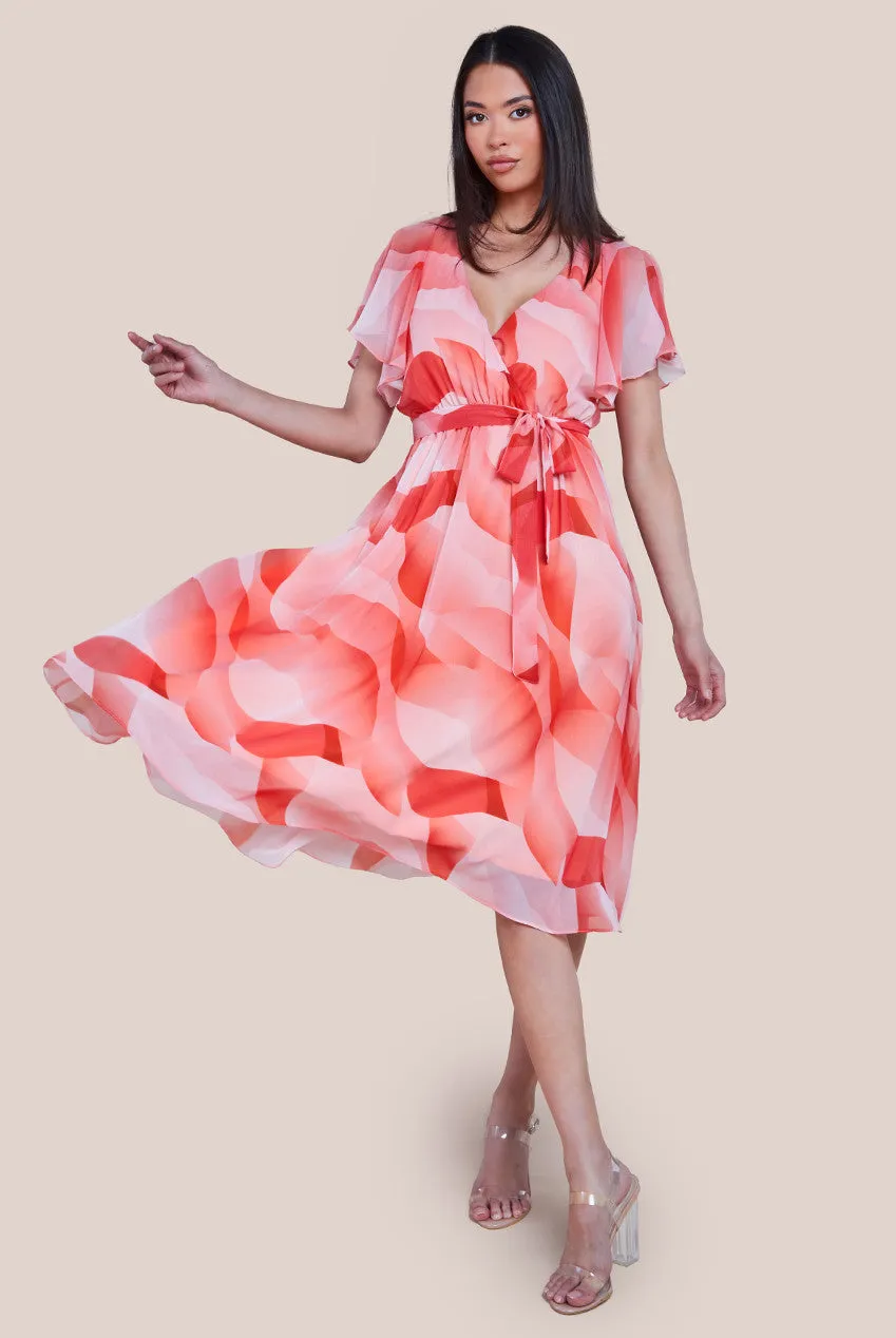 Printed Flutter Sleeve Chiffon Midi Dress - Coral by Goddiva sold by Goddiva product image thumbnail 4