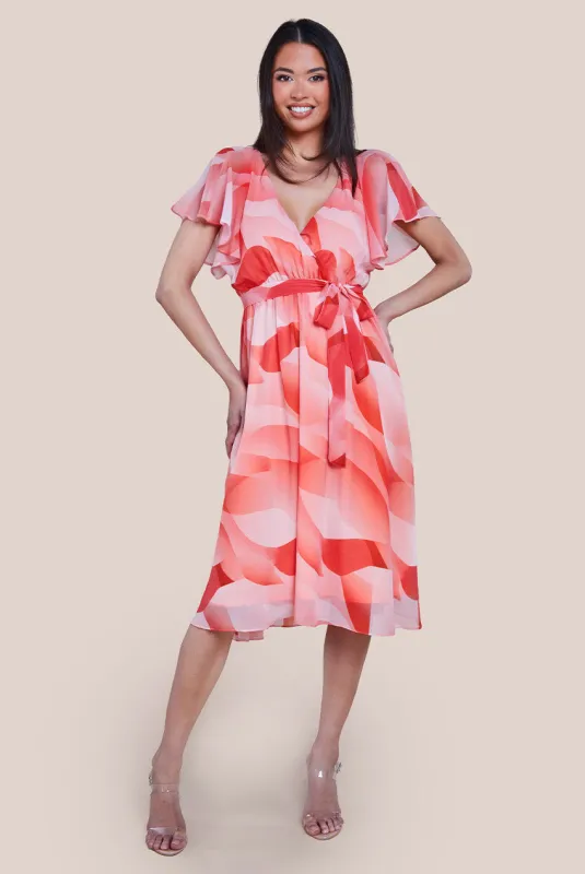 Printed Flutter Sleeve Chiffon Midi Dress - Coral by Goddiva sold by Goddiva