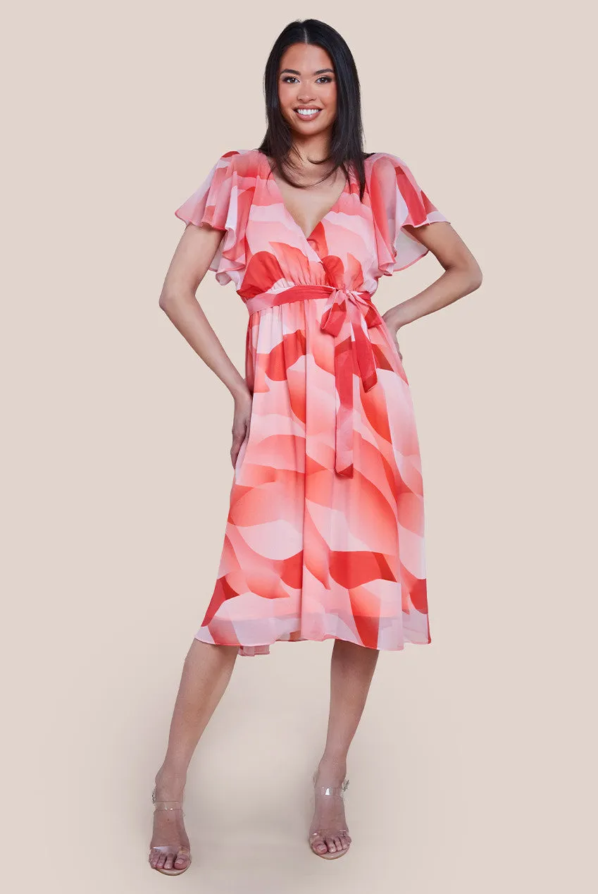 Printed Flutter Sleeve Chiffon Midi Dress - Coral by Goddiva sold by Goddiva