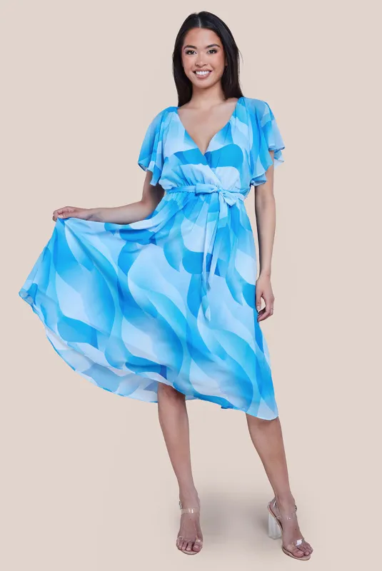Printed Flutter Sleeve Chiffon Midi Dress - Light Blue by Goddiva sold by Goddiva