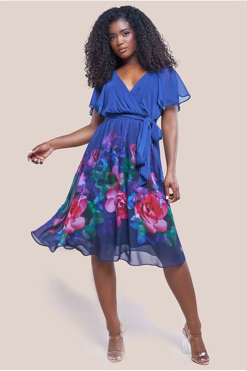 Chiffon Floral Border Print Midi Dress - Navy by Goddiva sold by Goddiva