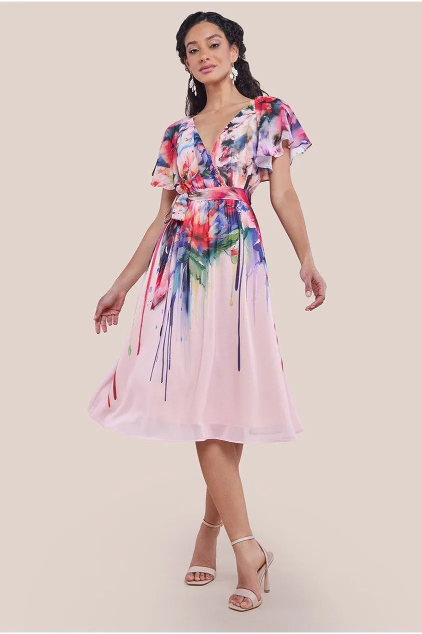 Flutter Sleeve Floral Bodice Midi Dress - Blush by Goddiva sold by Goddiva